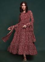 Organza Maroon Party Wear Printed Readymade Gown With Dupatta